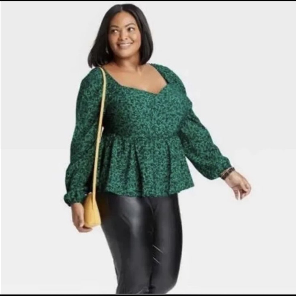 Ava & Viv Plus Size 3X Long Sleeve Sweetheart Peplum Top Green & black blouse - Picture 3 of 8